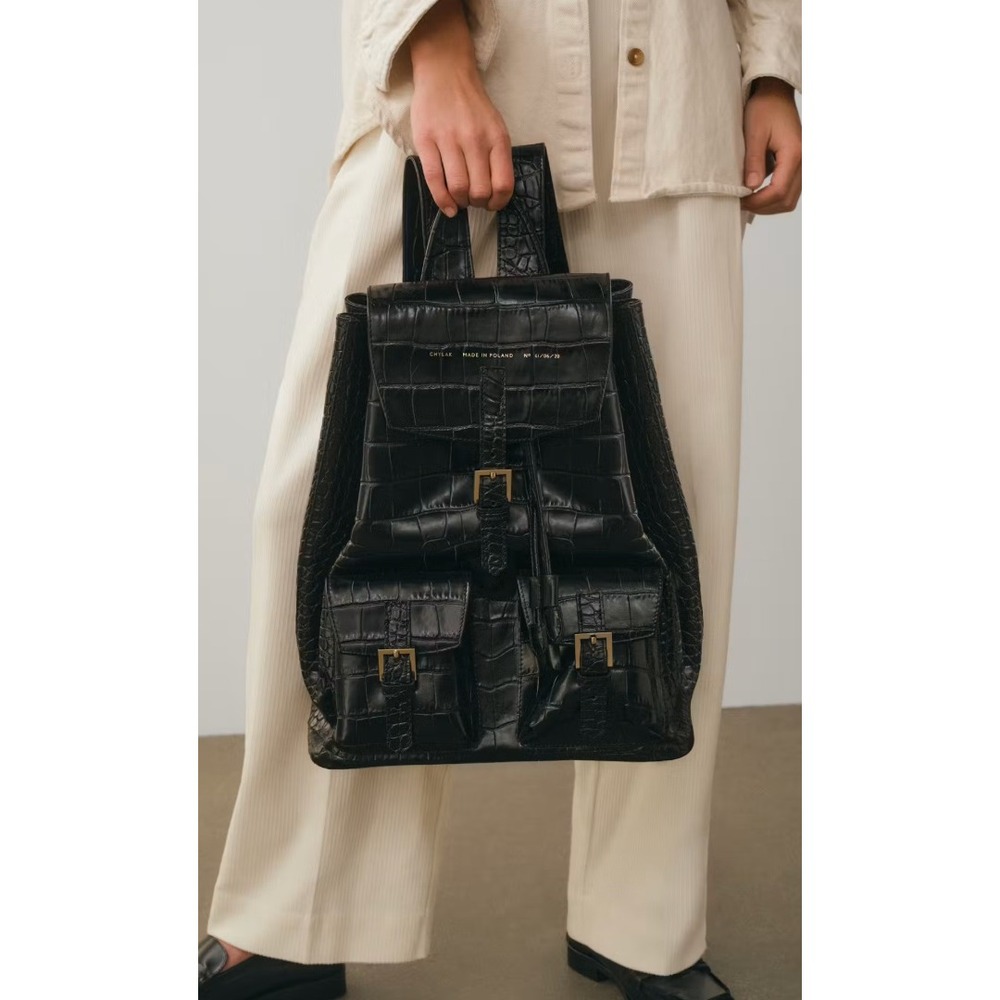 Chylak Big Backpack Glossy Black Crocodile Embossed Leather‎ Poland No 61/06/19